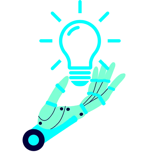 AI B2B SaaS transparent logo - a robotic hand holding the outline of a cyan-colored light bulb